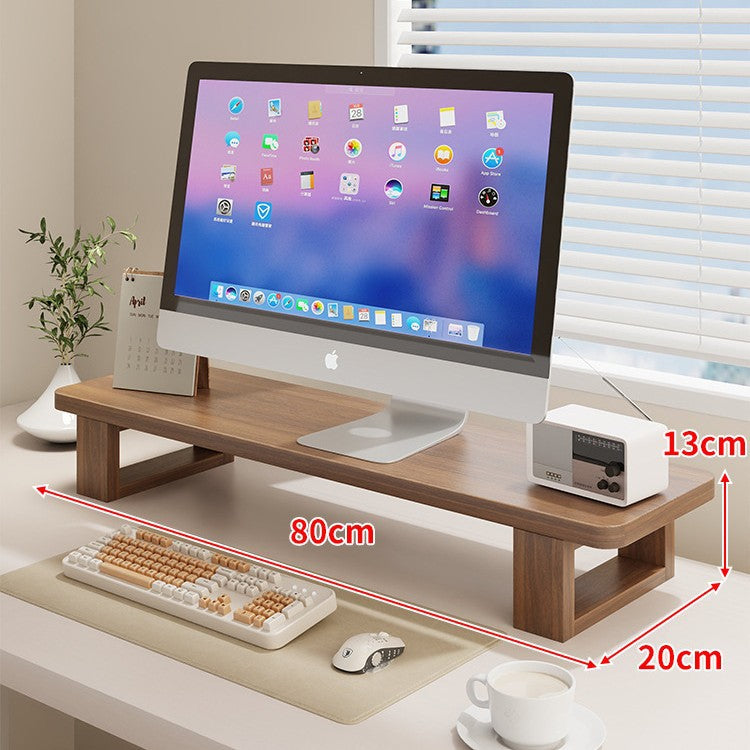 Wide Wooden Monitor Riser Shelf with Under-Shelf Storage and Cable Management
