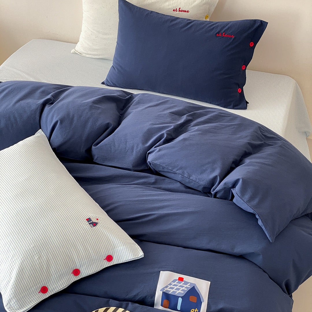 Cotton Percale Duvet Cover Set with Button Closure and Embroidered Accent