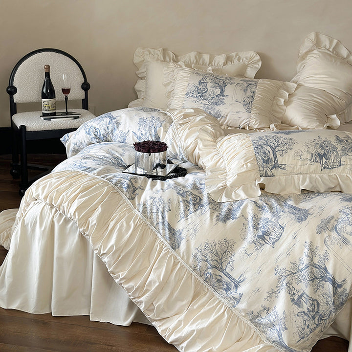 Luxurious bedding set made of cotton blend with toile landscape print, frill, and ruffles