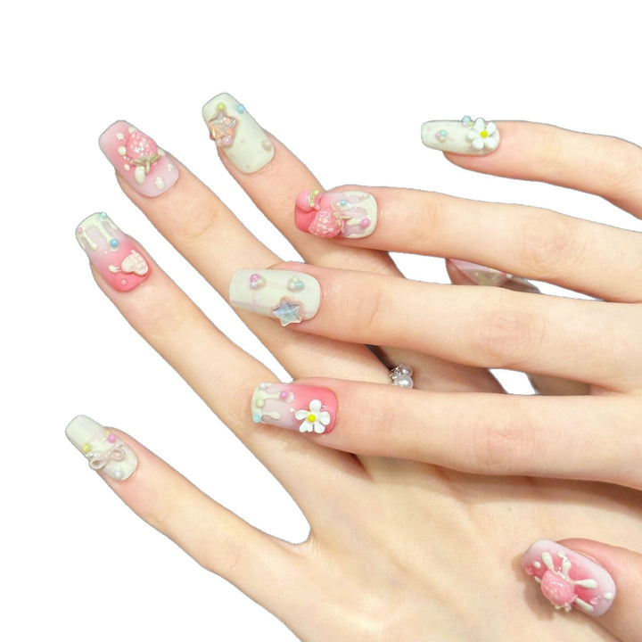 Decorative Press-On Nail Art Set with Unique 3D Charm Designs