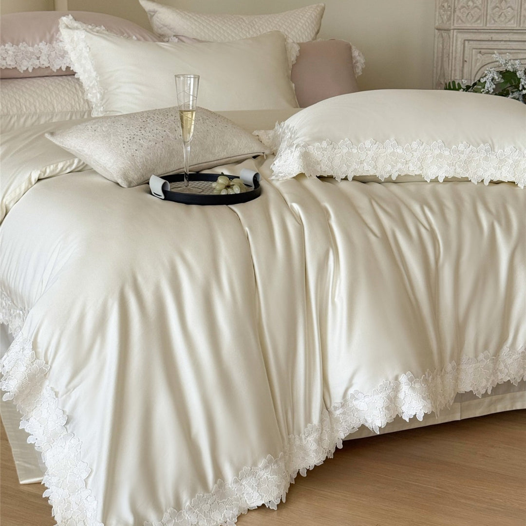 Silky Satin Duvet Cover Ensemble with Scalloped Floral Lace Border and Pillow Shams