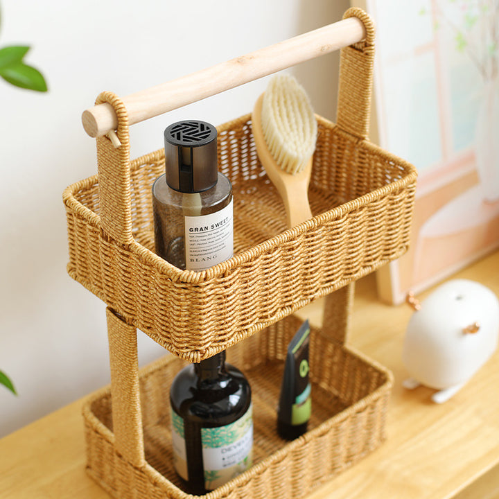 Unisex Two-Tier Storage Basket with Wooden Handle Stornfield