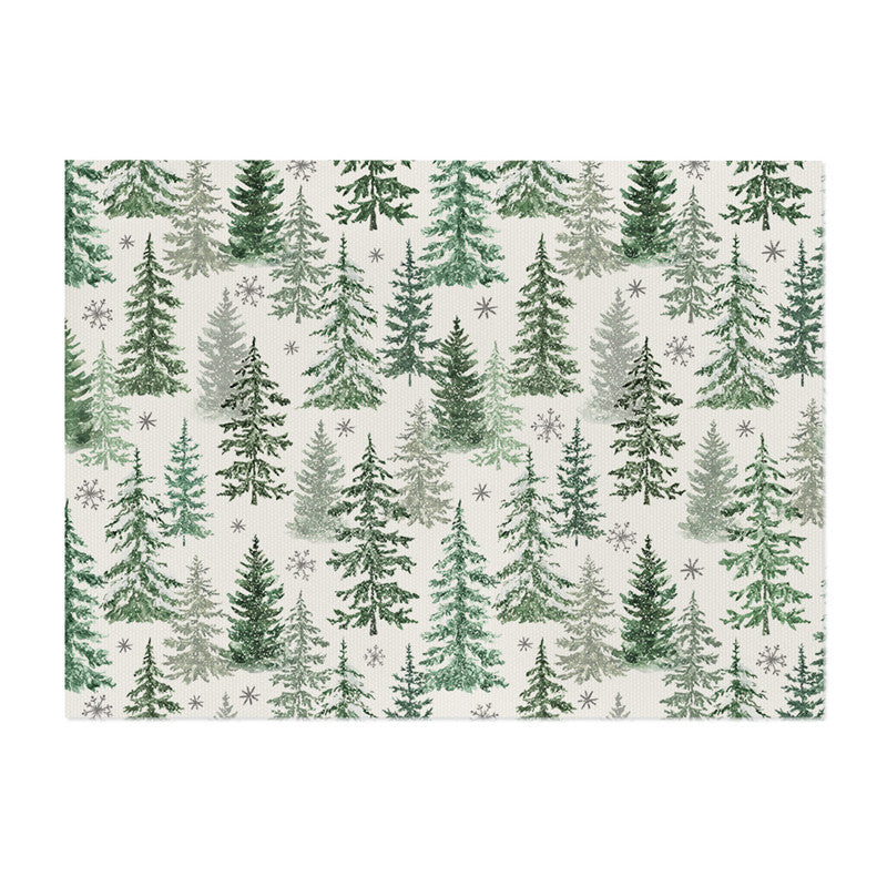 Decorative Rectangular Cotton-Linen Holiday Tablecloth with Repeating Hand-Painted Christmas Tree Motif
