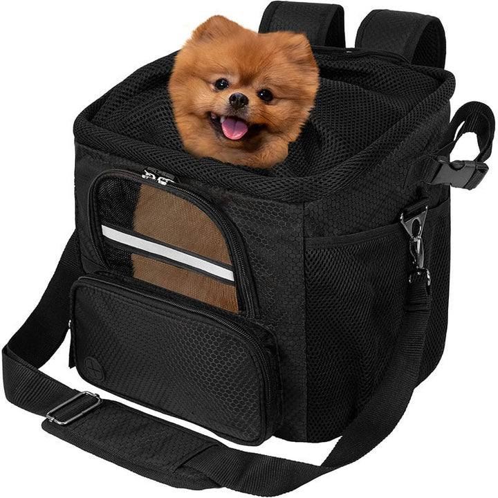 rectangular insulated pet travel tote with drawstring mesh canopy front-access pocket and adjustable padded shoulder strap Stornfield