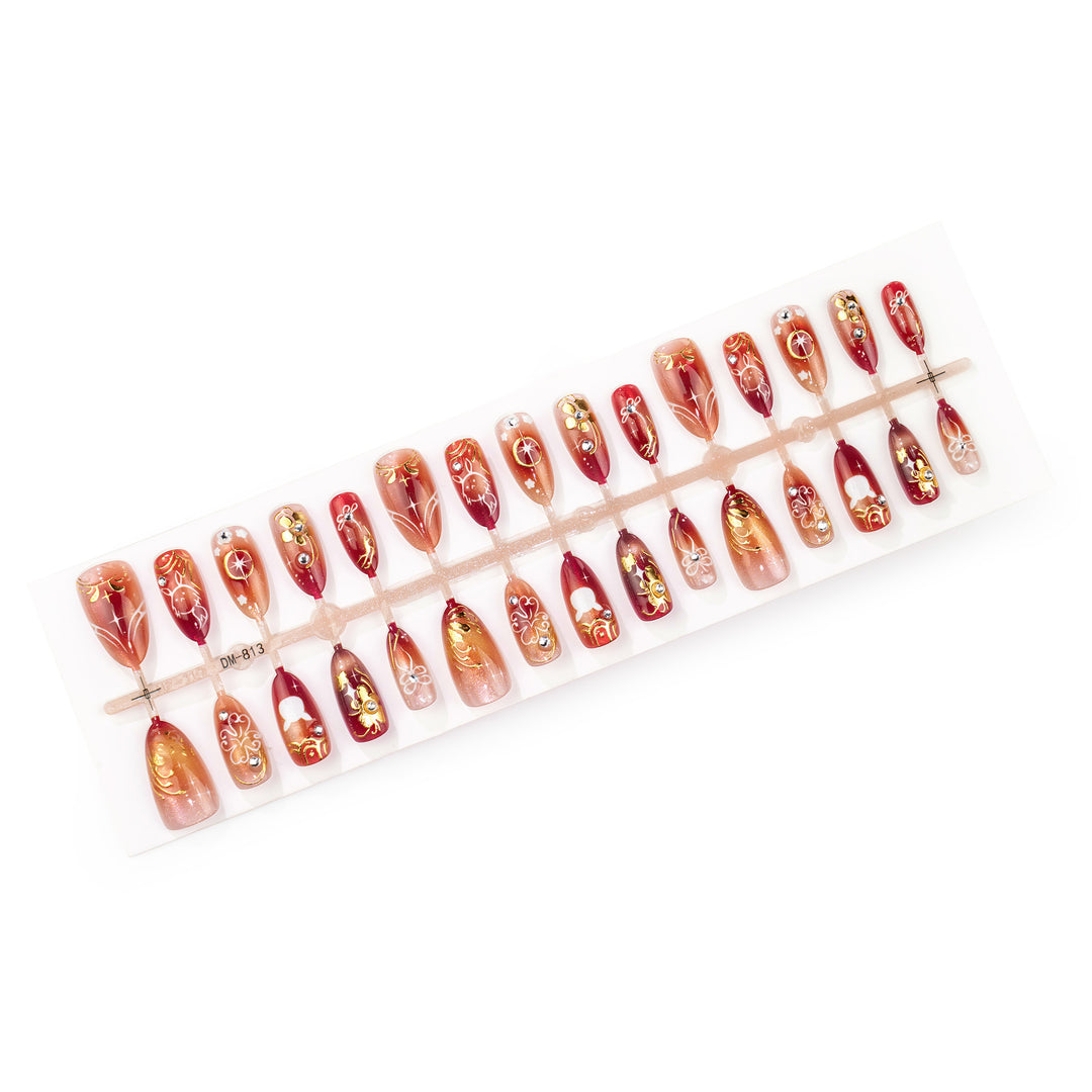 Artistic Press-On Nail Art Set with Floral and Metallic Emblems Stornfield