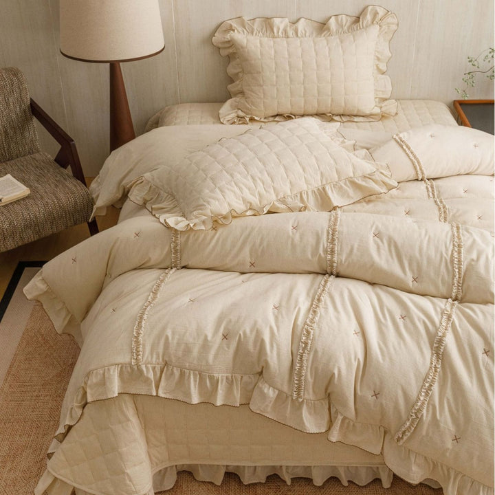 Quilted Ruffled Linen-Blend Duvet Cover Set with Bedskirt and Pillow Shams