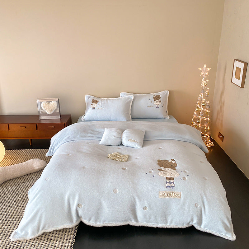 cozy plush bedding set with bear embroidery