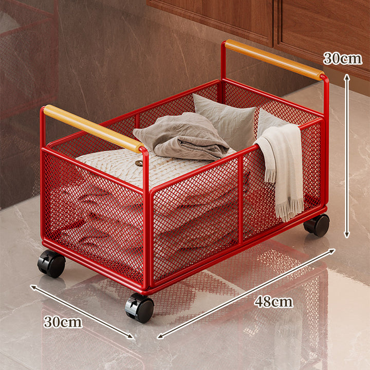 Compact Mesh Rolling Storage Cart with Wooden Handles