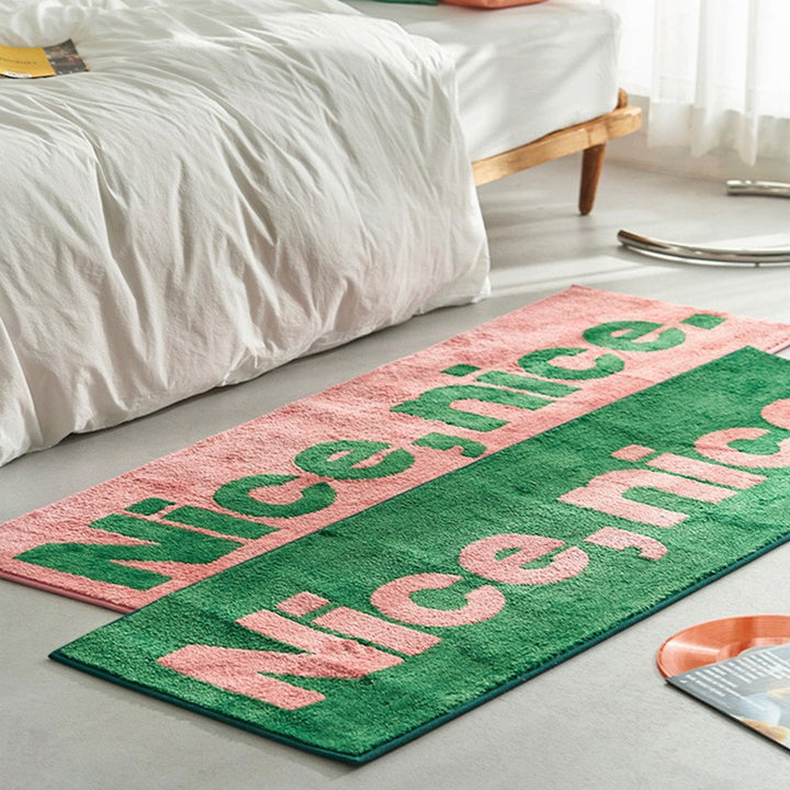 Long Chenille Runner Rug with Bold Green Typographic Slogan