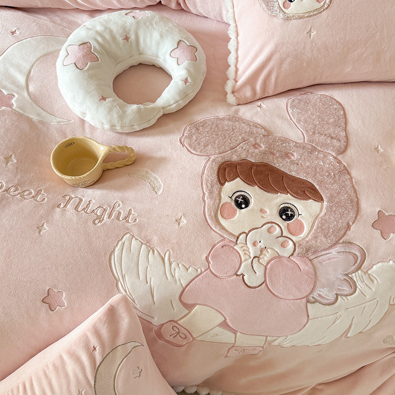 Children's Embroidered Cartoon Duvet Cover Bedding Set with Plush Appliqué & Pillow Shams