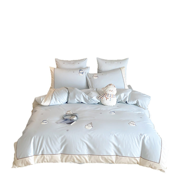 Luxurious bedding set with embroidered snowman appliqués and brushed satin