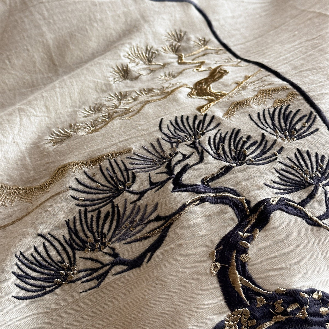 Embroidered Linen-Blend Duvet Cover Set with Botanical Pine Tree Motif