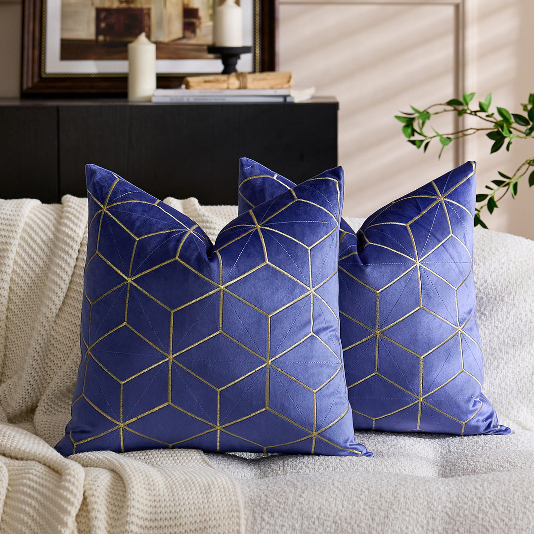 Embroidered Velvet Geometric Square Throw Pillow Cover with Metallic Stitching