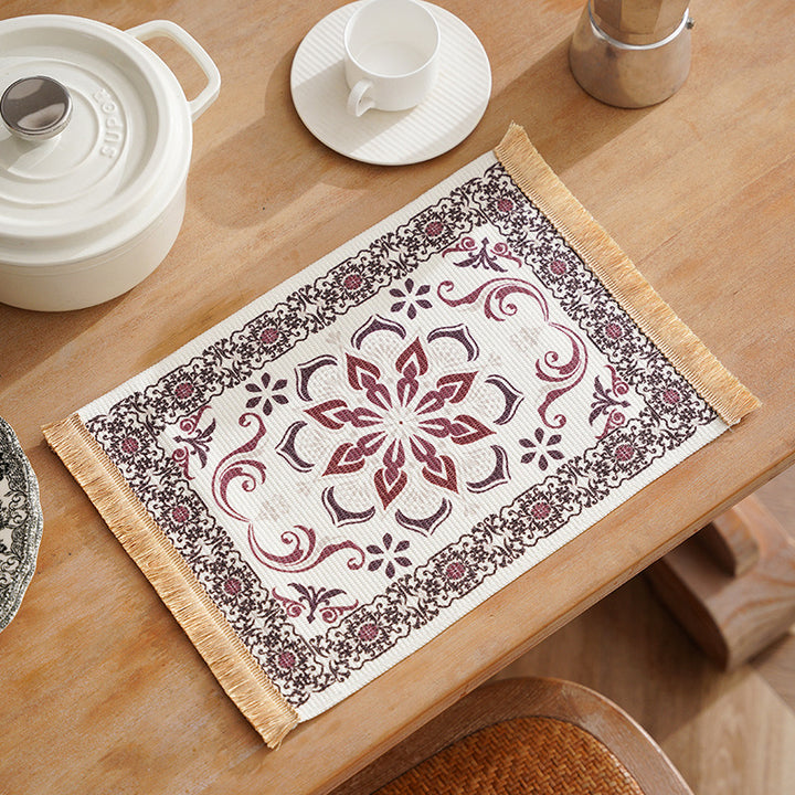 Short-pile decorative bathroom and runner carpet in oriental medallion style with fringes Stornfield