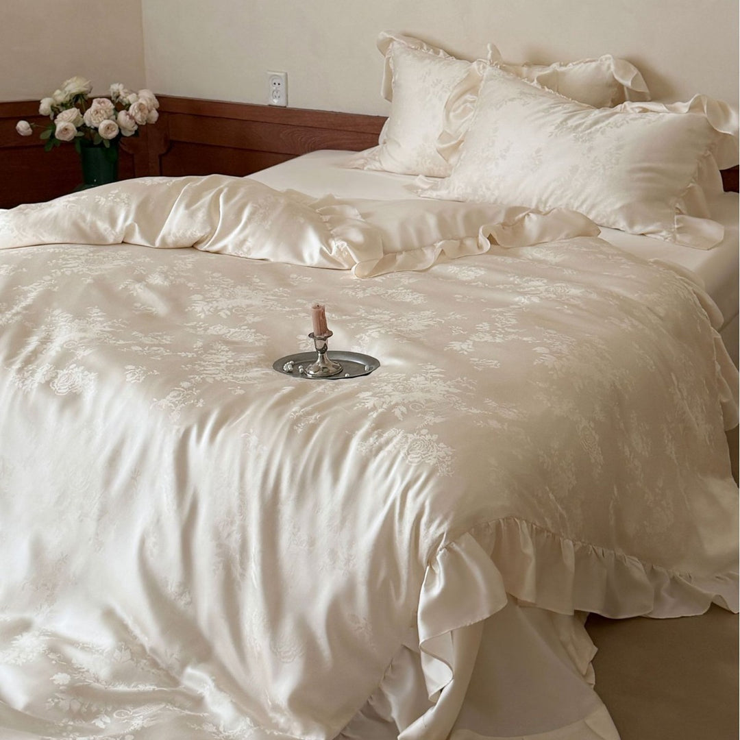 Luxury Satin Ruffled Duvet Cover Set with Jacquard Floral Weave