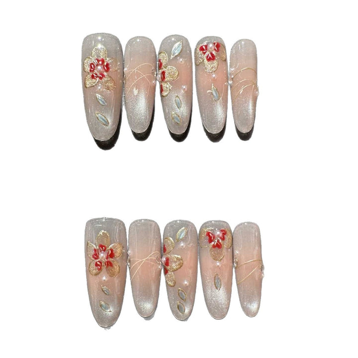 Handmade Floral Press-On Nail Set with 3D Floral and Gem Accents