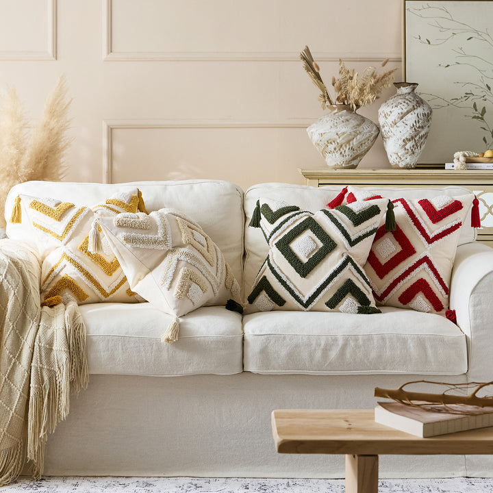 Tufted Geometric Boho Square Throw Pillow Cover with Corner Tassels and Hidden Zipper