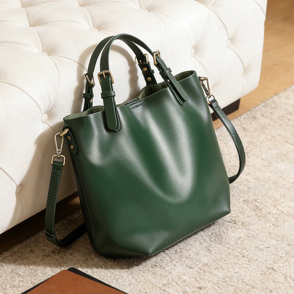 Structured Vegan Leather Bucket Tote with Adjustable Strap and Gold Hardware