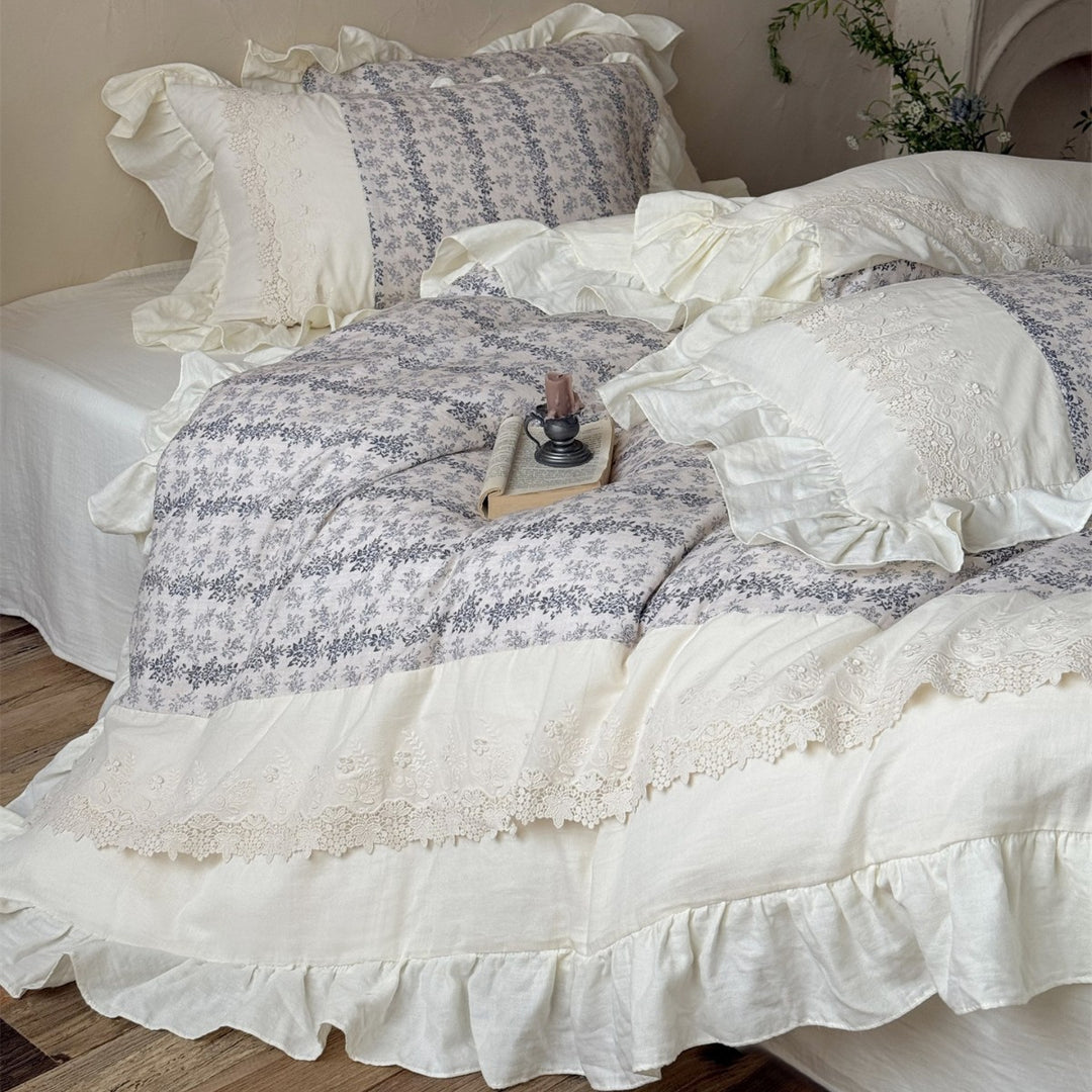 Cottage Lace-Panel Floral Quilt-Style Duvet Cover Set with Frilled Hem