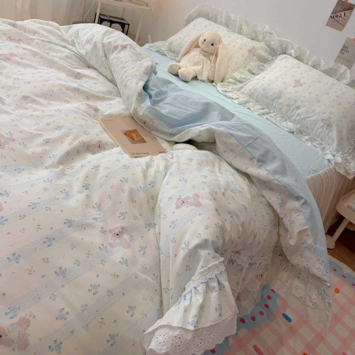 Ruffled Teddy-Pattern Cotton Sateen Duvet Cover Set with Reversible Sheet and Lace-Trim Pillow Shams