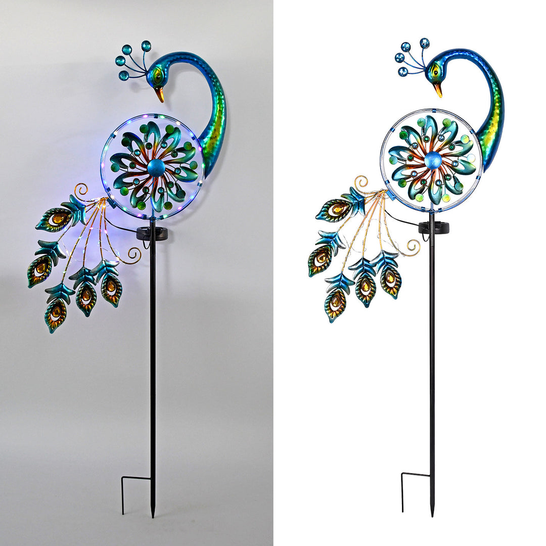 Decorative Metal Peacock Garden Stake Sculpture With Integrated LED Fairy Lights And Weatherproof Outdoor Stake Stornfield
