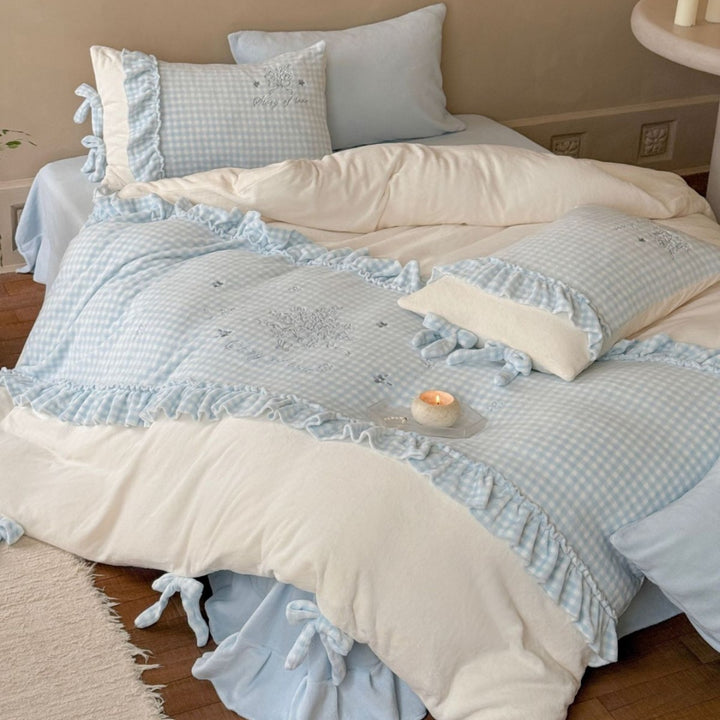 Ruffled Gingham Cotton Duvet Cover Set with Embroidered Center Panel & Tie Closures