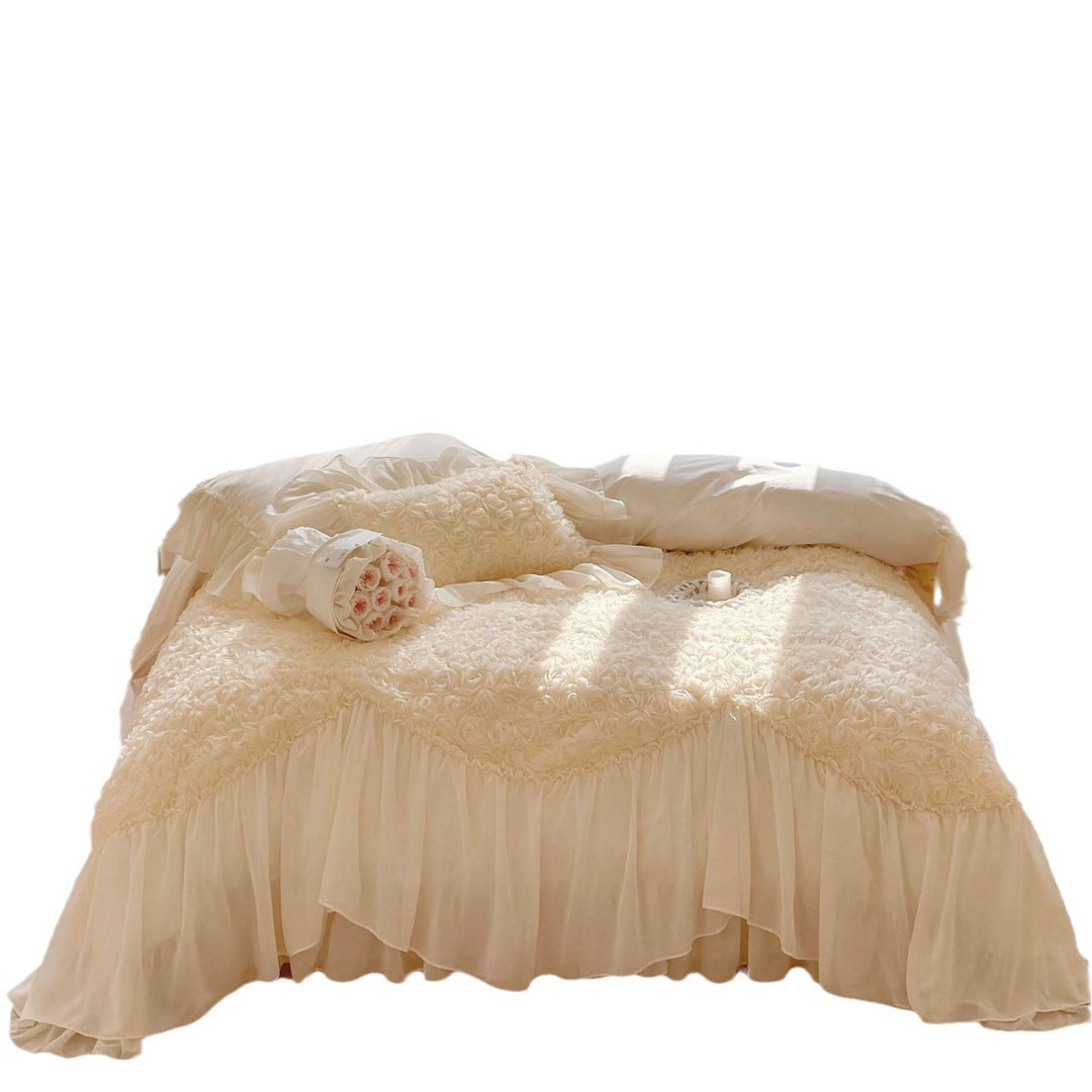 Romantic luxury bedding set with ruffles, rose appliqué, and frill