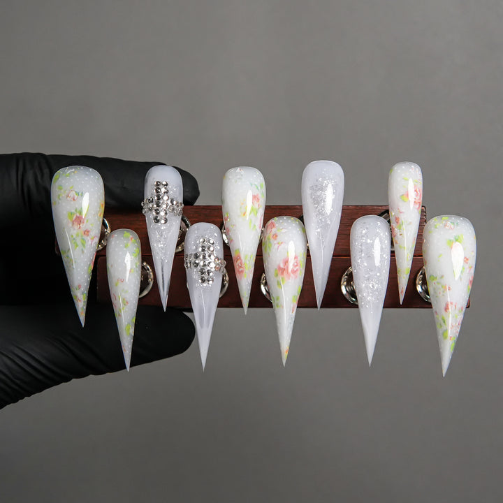 Elegant Stiletto Press-On Nail Set with Floral and Gem Accents