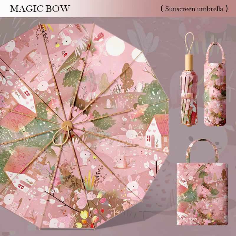 Ladies elegant folding umbrella with floral motif and high-quality carrying bag Stornfield