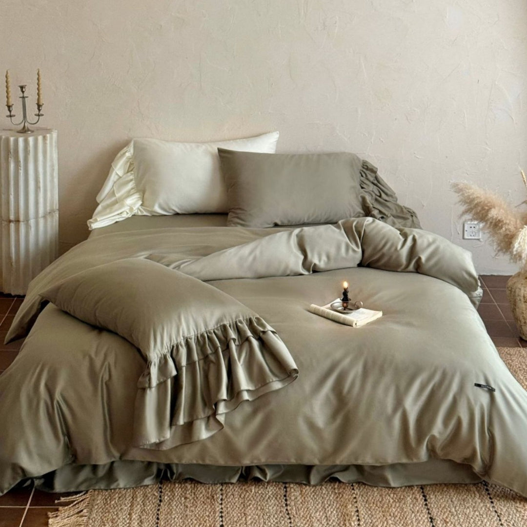 Ruffled-Edge Sateen Duvet Cover Set with Skirted Bedskirt & Decorative Pillow Shams