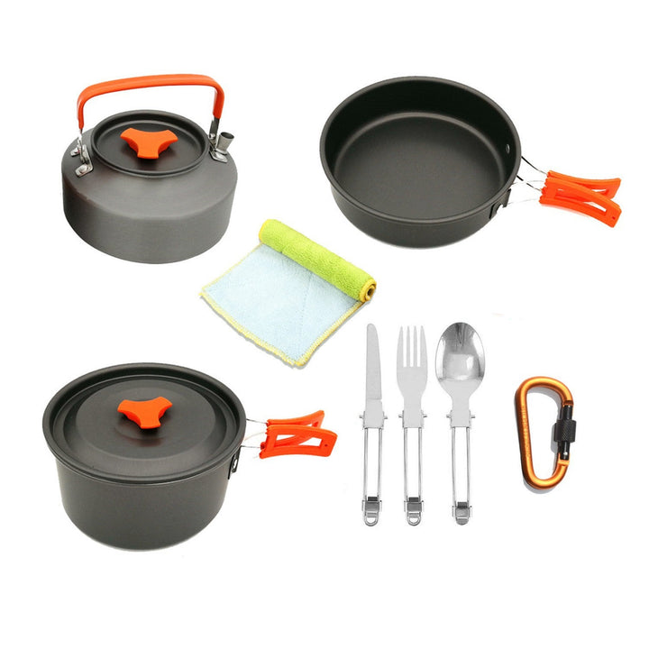 lightweight non-stick nesting camping cookware set with folding handles compact kettle pot pan and folding cutlery Stornfield