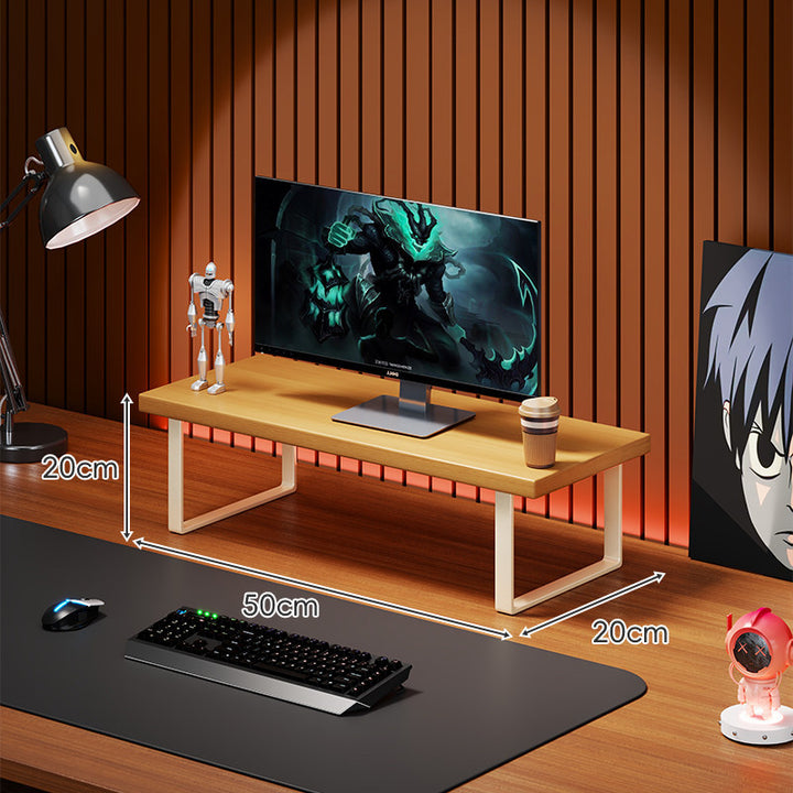 Solid Wood Monitor Riser with U-Frame Metal Legs and Hidden Under-Shelf Storage