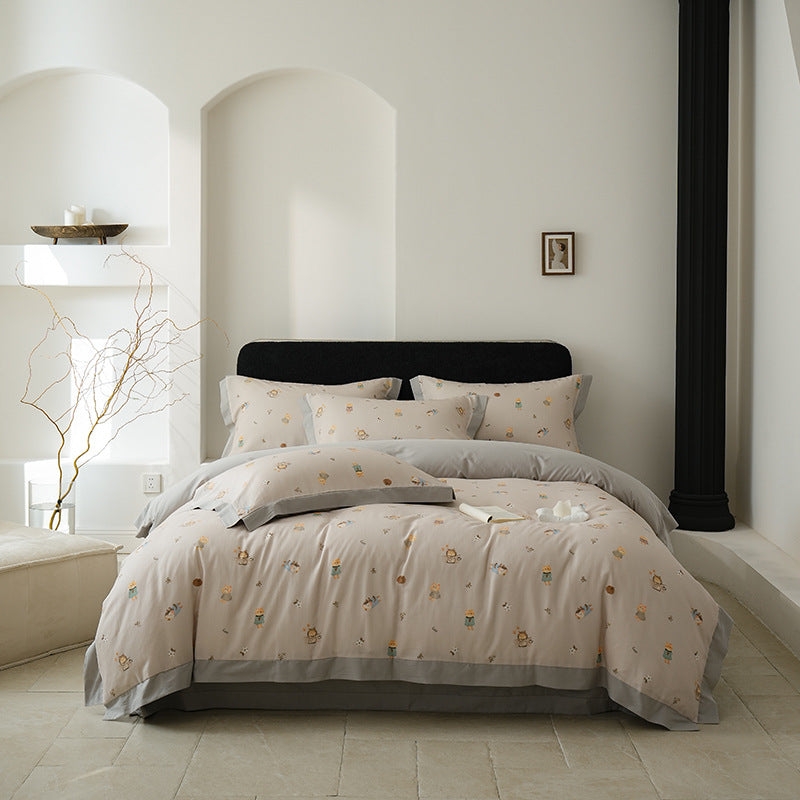 Botanical-Print Washed Cotton Duvet Cover Set with Contrast Hem and Oxford Border Pillowcases