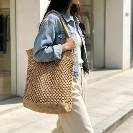 Hand-knotted shopping bag in modern net design Stornfield