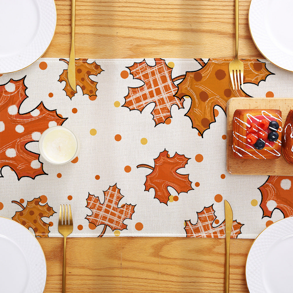 Autumn Cotton-Linen Decorative Table Runner with Pumpkin & Gingham Border