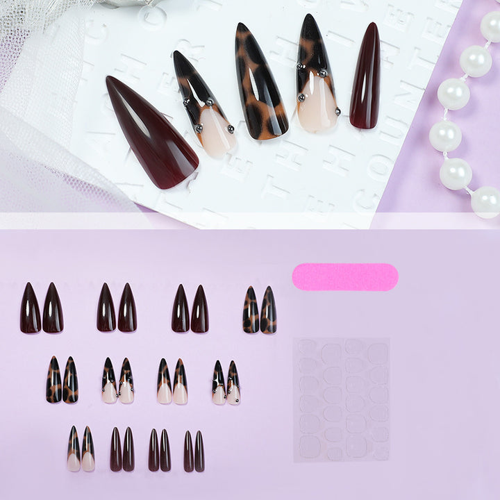 Artificial nail set with elegant leopard and burgundy design Stornfield