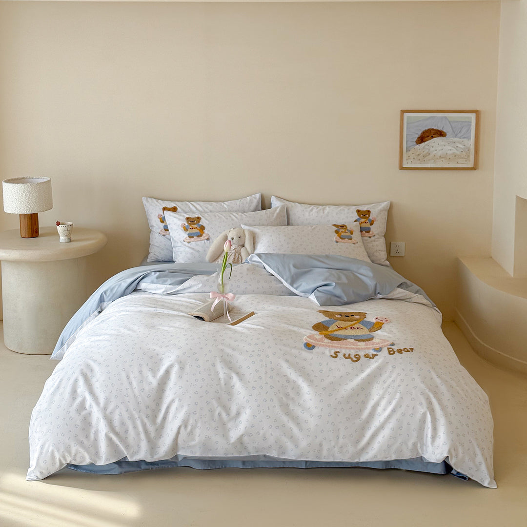 Cartoon Teddy Appliqué Cotton Sateen Duvet Cover & Sham Set