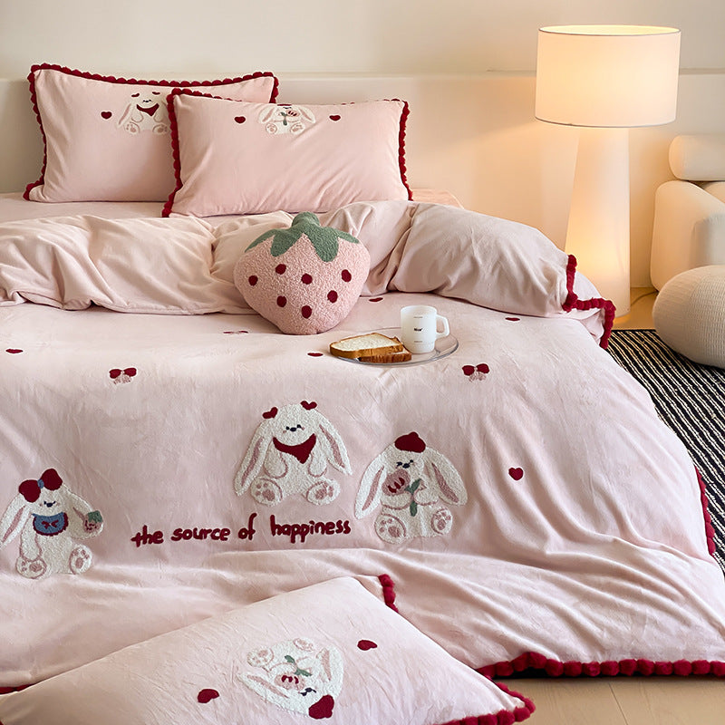 Plush Embroidered Bunny Duvet Cover Set with Pom-Pom Scalloped Trim
