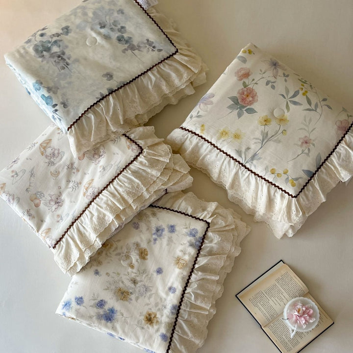 Ruffled Eyelet Floral Cotton Duvet Cover and Pillow Sham Set