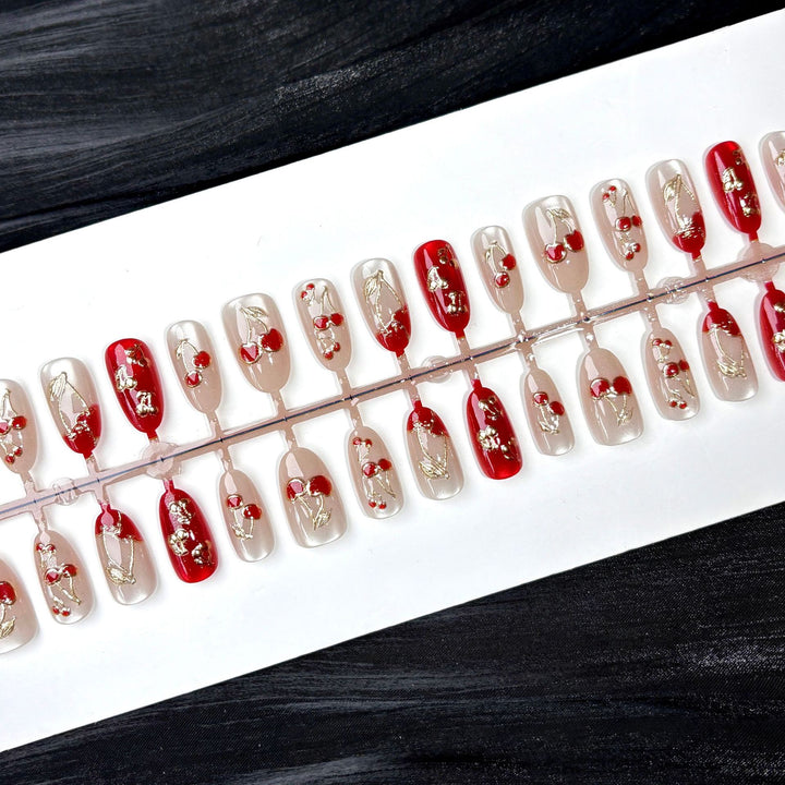 Cherry-Themed Press-On Nail Art Set