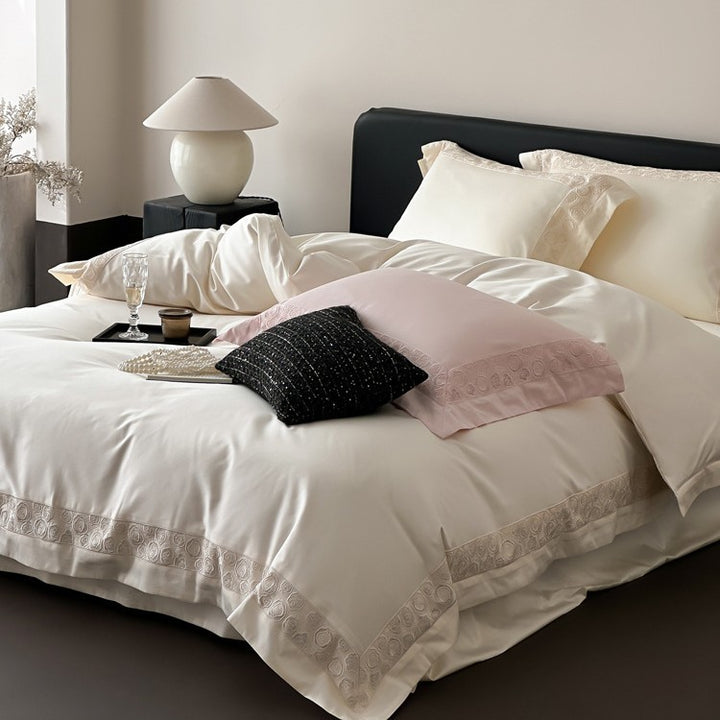 Silky Micro-Sateen Rose-Scroll Embroidered Duvet Cover Set with Scalloped Hem & Pillow Shams