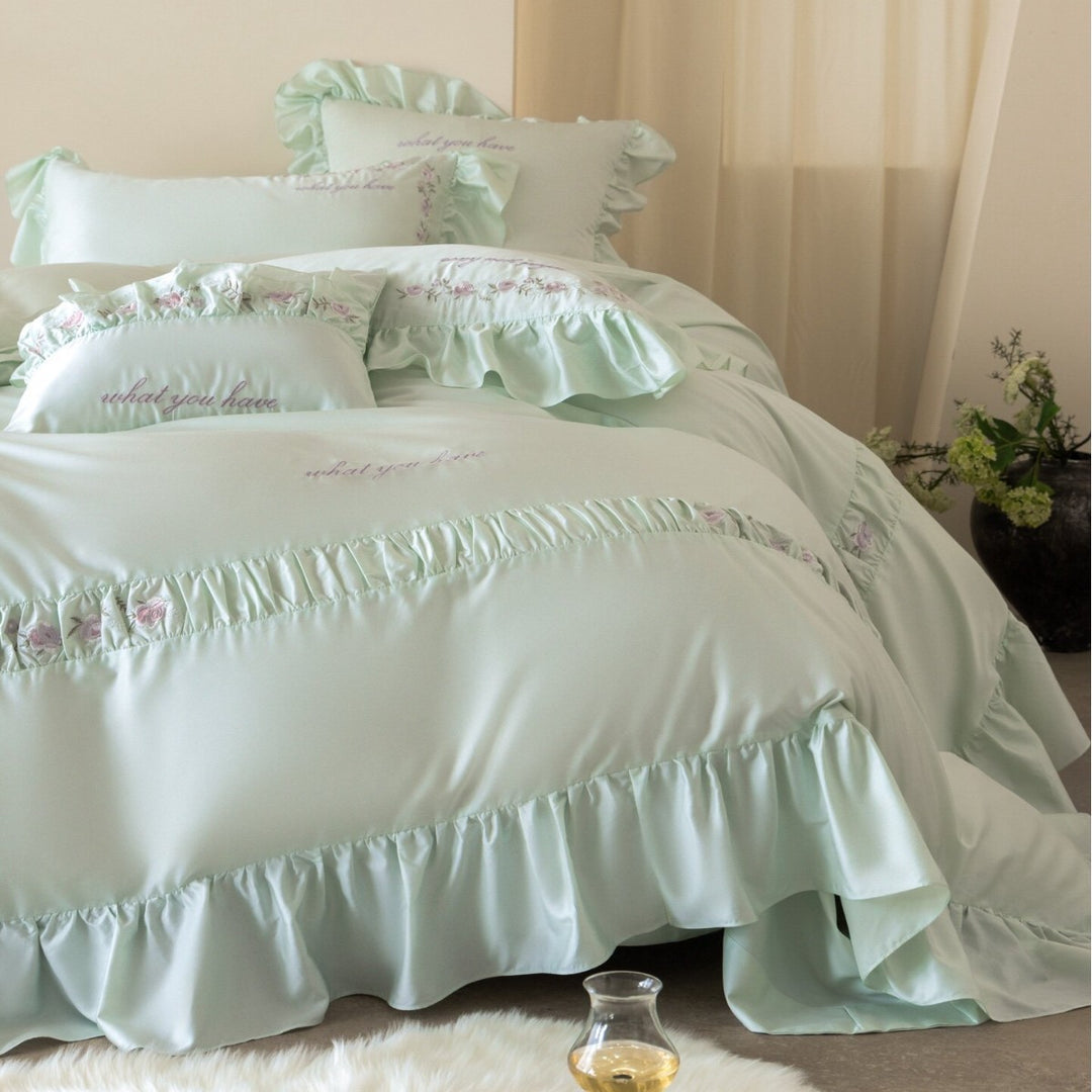 Frilled Embroidered Cotton Sateen Duvet Cover Set