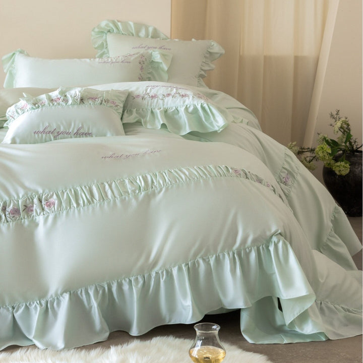 Frilled Embroidered Cotton Sateen Duvet Cover Set