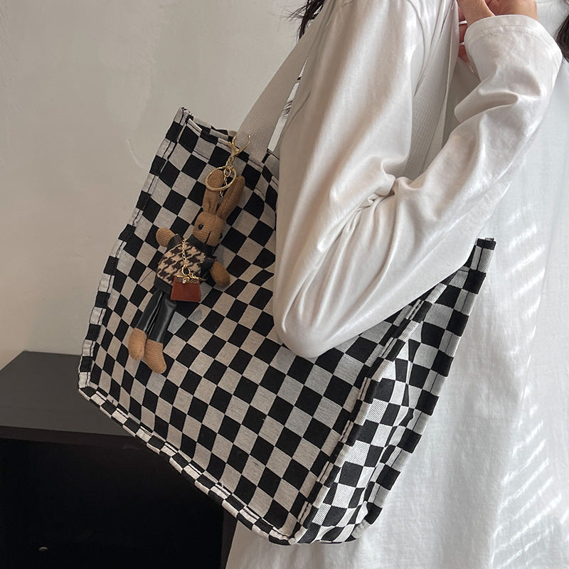 Checkerboard Patterned Canvas Tote Bag