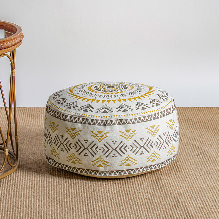 Beef padded seat pouf with ethnic jacquard pattern and sturdy canvas cover