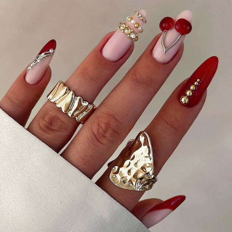 Decorative Art Press-On Nail Set with Cherry and Gold Accents Stornfield