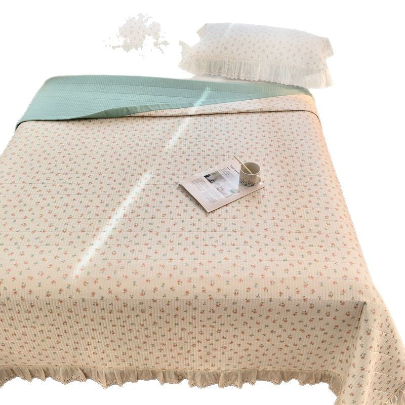 Quilted Floral Reversible Throw Blanket with Eyelet Lace Ruffle