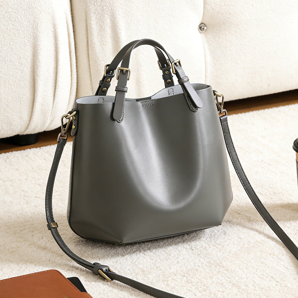 Structured Vegan Leather Bucket Tote with Adjustable Strap and Gold Hardware