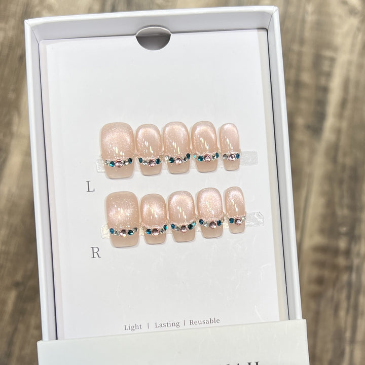 Elegant Reusable Press-On Nail Set with Rhinestone Accents Stornfield