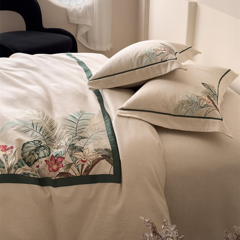 Bedding set with exotic landscape print and cotton-linen blend